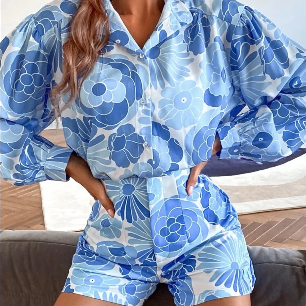 Floral High Waisted Short Set Long Sleeve Top